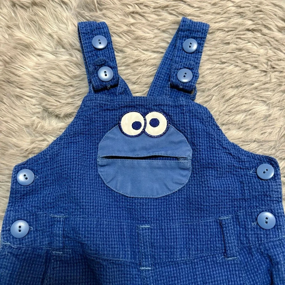 Vintage Y2K 2002 Sesame Street Cookie Monster Shorts Overall Blue‎ 3-6 months